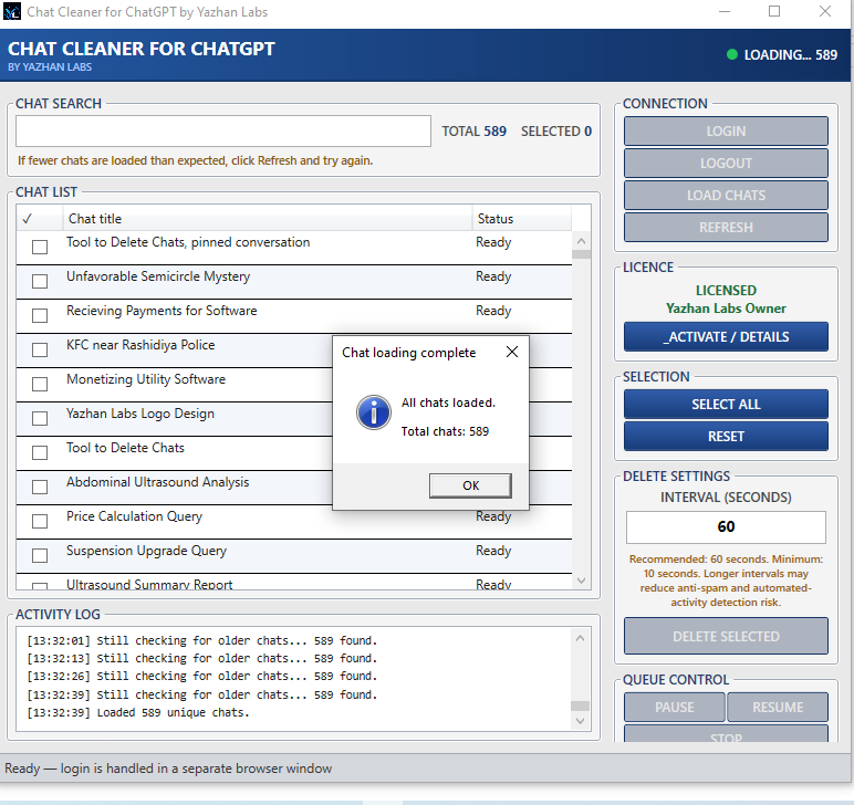 Yazhan Chat Cleaner conversation selection screen