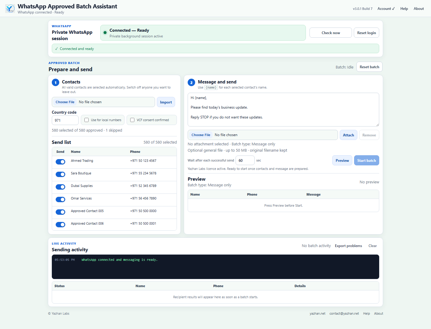 WhatsApp Approved Batch Assistant v3.0.1 connected and ready workspace