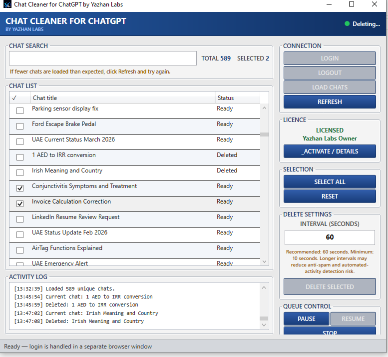 Chat Cleaner for ChatGPT deletion progress screen