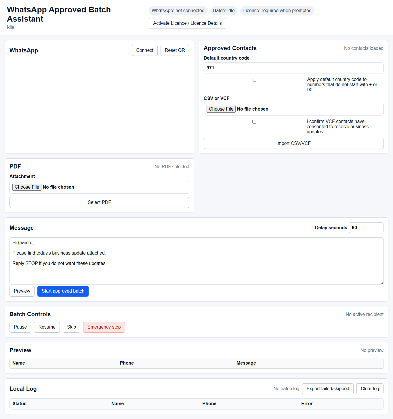 WhatsApp Approved Batch Assistant main application screen