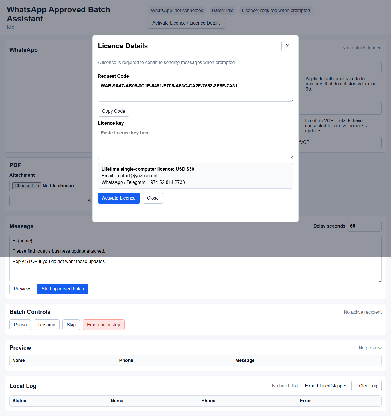 WhatsApp Approved Batch Assistant licence window